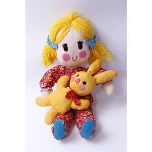 70s Hand Made Rag Doll Blonde, Soft Doll with Yellow Rabbit, Red Outfit, Floral